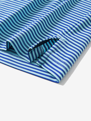 Detail: hem slit of aqua stripe upgraded two-tone striped quick dry polo shirt
