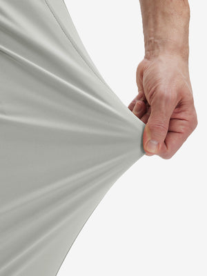 Detail view of pants elasticity on silver gray flat front golf joggers pants with belt loops
