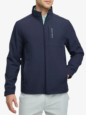 Model in Navy Softshell Jacket, front half-body view from nose down – sharp and polished look