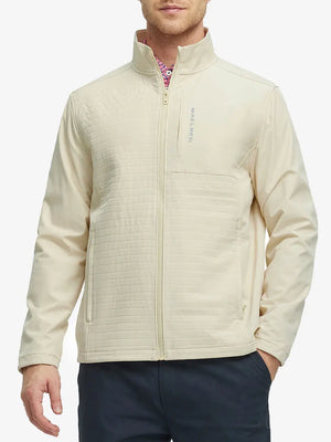 Model in Light Khaki Softshell Jacket, front half-body view from nose down – clean and confident style