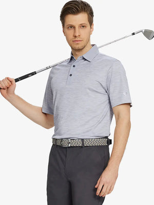 Half-body front shot with golf club, styled in FADED DENIM HEATHER Cool Heather Texture Polo