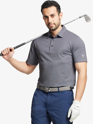 Rear half-body view showing fit and jacquard pattern of Ventilated Heather Jacquard Polo – NAVY HEATHER
