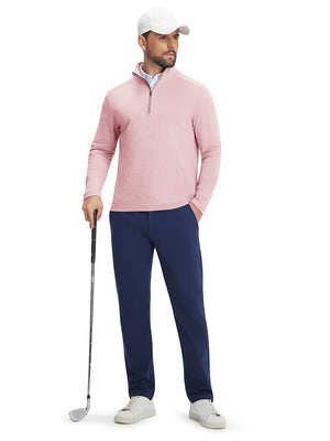 Full body shot of golfer in two tone pique cotton blend q-zip pink leaning on club