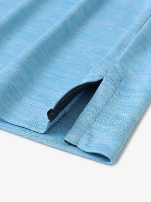 Close-up of hem opening on Modern Fit Melange Polo in AQUA HEATHER, highlighting quality stitching.