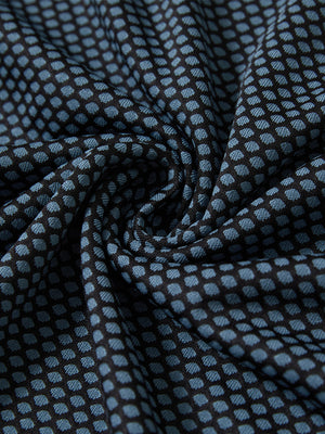 Jacquard quarter zip pullover, close-up fabric detail in black/blue showing textured knit pattern and soft feel