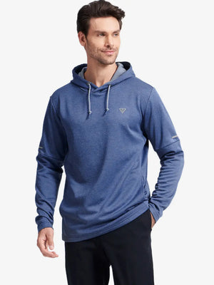 Half-body front shot of model styled in Blue Heather hoodie with soft fleece fabric texture