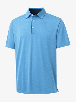 3D view highlighting Modern Fit Melange Polo in BLUE HEATHER, showcasing fabric weave and tailored fit.