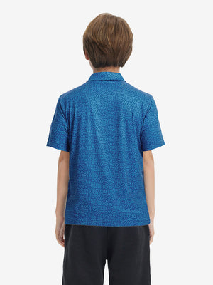 Back upper view of Stylish print boys polo shirts with clean lines and blue graffiti tone