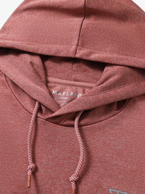 Close-up of hoodie drawstring and hood detail on Brick Heather Classic Heather Fleece Hoodie