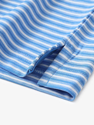 Close-up detail of hem opening on Sport Fit Stripe Polo in Classic Blue Stripe