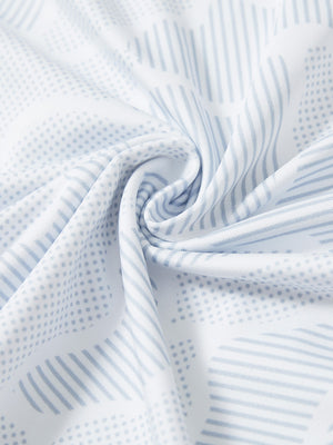 Close-up fabric detail of lightweight print long sleeve polo, breathable texture and soft feel in light grey irregular pattern