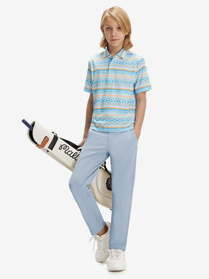 Full-body front view of model wearing the sky blue youth water resistant cotton blend golf pants for a complete look