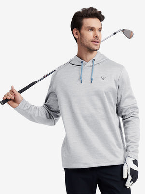 Half-body front shot highlighting ash grey heather pullover’s cozy fleece texture and relaxed fit