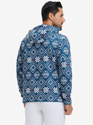 Back upper body view of trendy print fleece hoodies, showing structure and dark blue snowflake tone