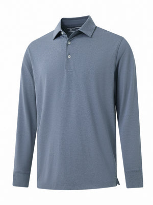 Front 3D view of Skin-friendly long sleeve melange polo in demin blue heather with refined look