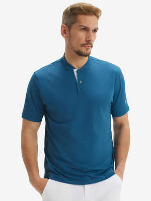 Front half-body view of model wearing blue moisture-wicking short sleeve henley shirt