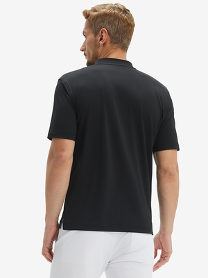 Side-back half-body view of model in black moisture-wicking short sleeve henley shirt