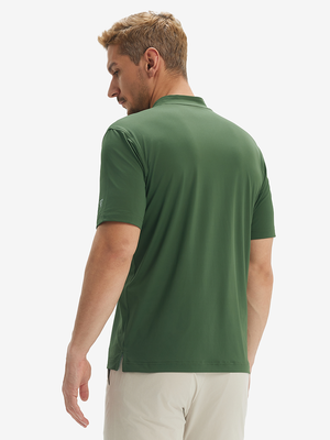 Side-back half-body view of model in army green moisture-wicking short sleeve henley shirt