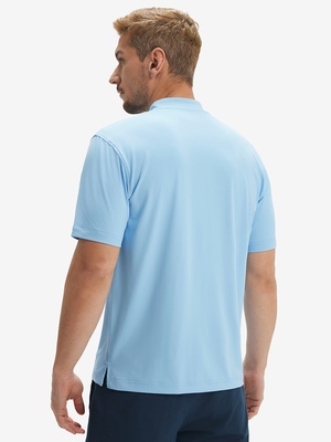Side-back half-body view of model in light blue moisture-wicking short sleeve henley shirt