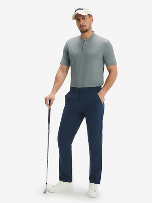 Full-body front: model in grey moisture-wicking short sleeve henley shirt holding a golf club.