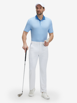 Full front: model in light blue geo lightweight stretch upgraded print golf polo shirts holding golf club.