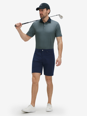 Full front: model in gray geo lightweight stretch upgraded print golf polo shirts holding golf club.