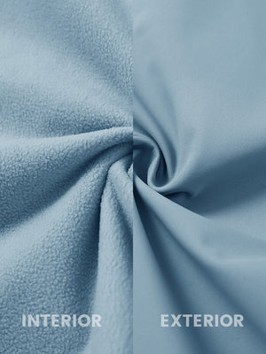 Inside and outside fabric view of the sleeveless softshell fleece outdoor vests with 6 pockets in misty blue