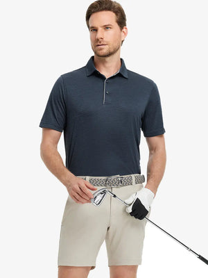 Model in Modern Fit Melange Polo NAVY HEATHER, front half-body holding golf club with relaxed stance.