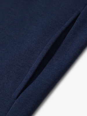 Close-up of right pocket on Navy Heather hoodie, highlighting fleece fabric and stitching