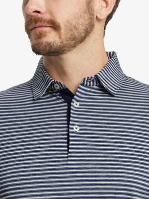 Front close-up shot of model from nose to chest wearing Sport Fit Stripe Polo in Navy Stripe