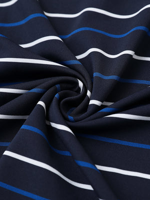 Fabric close-up of trendy boys stripe polo shirts, soft texture and breathable navy stripe feel