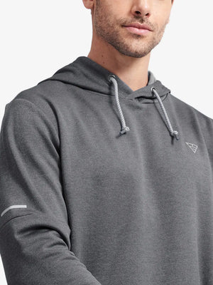 Front view from nose to chest of model wearing Classic Heather Fleece Hoodie in Neutral Grey Heather