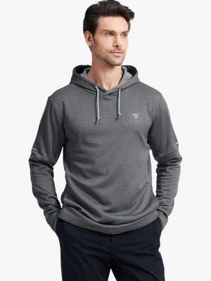 Half-body front shot of model styled in Neutral Grey Heather hoodie with soft fleece texture