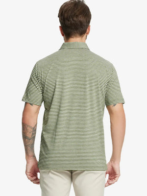 Back half-body shot of model showcasing the back of Sport Fit Stripe Polo in Olive Green Stripe