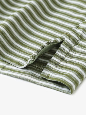 Close-up detail of hem opening on Sport Fit Stripe Polo in Olive Green Stripe