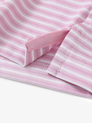Close-up detail of hem opening on Sport Fit Stripe Polo in Pink Stripe