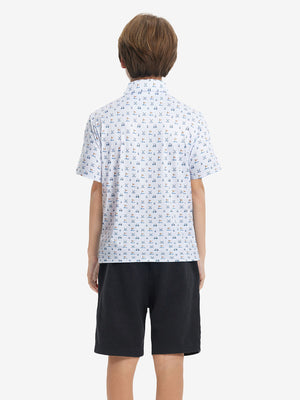 Back upper view of Stylish print boys polo shirts with clean lines and white golf tone