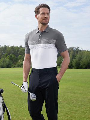 Model in white premium performance polo holding a golf club outdoors, half-body shot