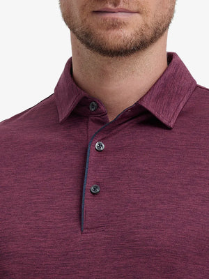 Close-up of Modern Fit Melange Polo front (nose to chest) in WINE HEATHER, showing rich melange texture.