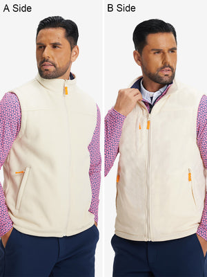 Model wearing Beige Windproof Fleece Reversible Golf Vest showcasing both sides of the reversible design.